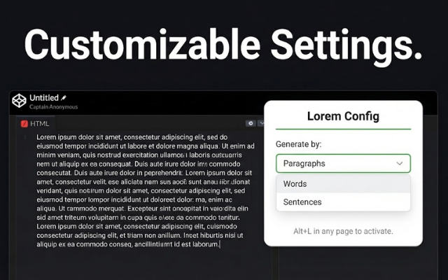 Lorem Express in action - Settings